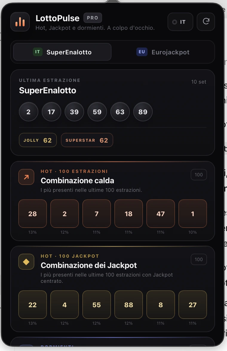 Popup LottoPulse con statistiche SuperEnalotto